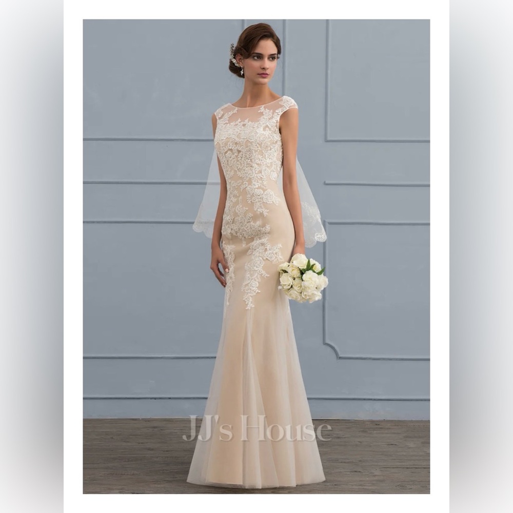 JJs House Elegant Cream with White Lace Wedding Gown